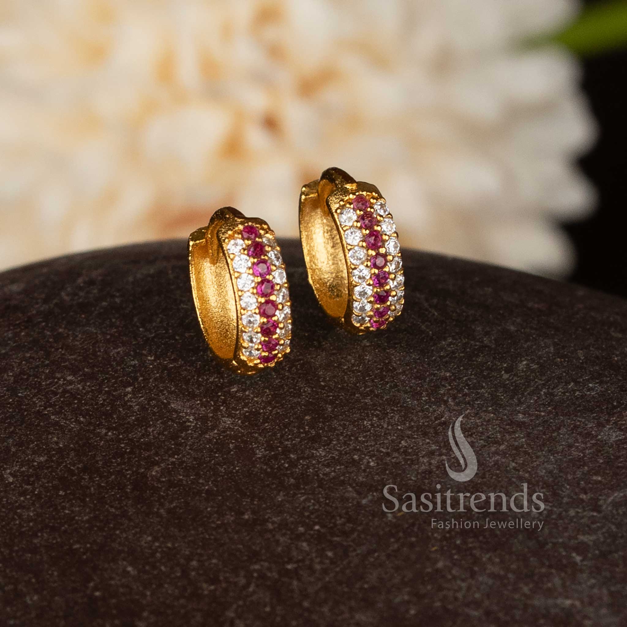 Exquisite guaranteed micro gold plated AD ring hinged studs earrings in white-ruby for women, perfect for traditional functions and festive occasions – Sasitrends