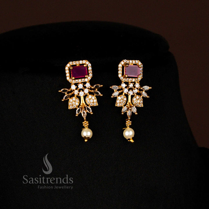 Ethnic South Indian Matte Gold Plated Floral AD Stone Necklace Set With Pearls Jewellery – Sasitrends