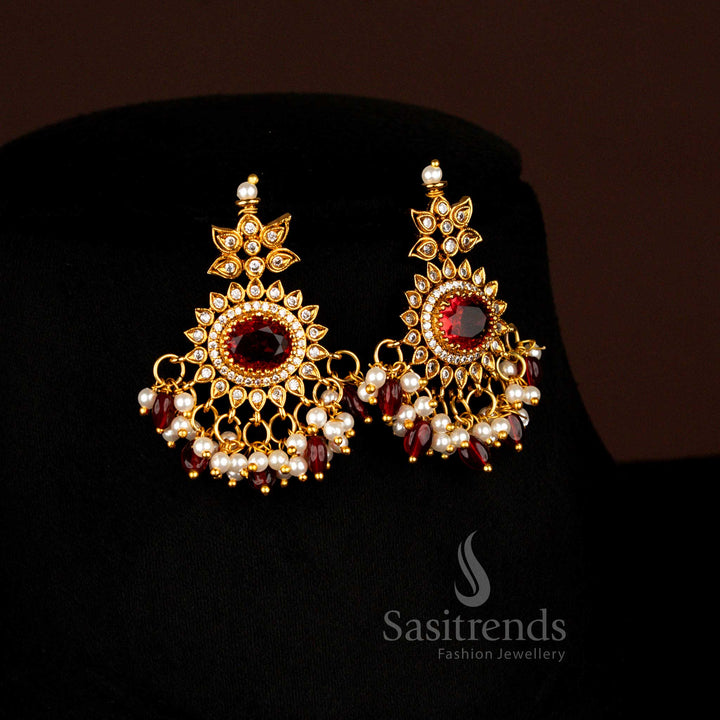 Traditional Temple Matte Gold Plated Maroon Oval Pendant Necklace Earrings Set With Pearl And Stone Beads Designed For Bridal And Cultural Wear - Sasitrends