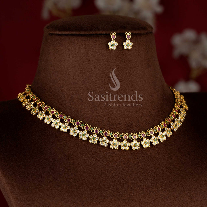Opulent matte gold plated multi American Diamond Mickey-motif floral necklace set with designer earrings for celebration-ready modern styling – Sasitrends