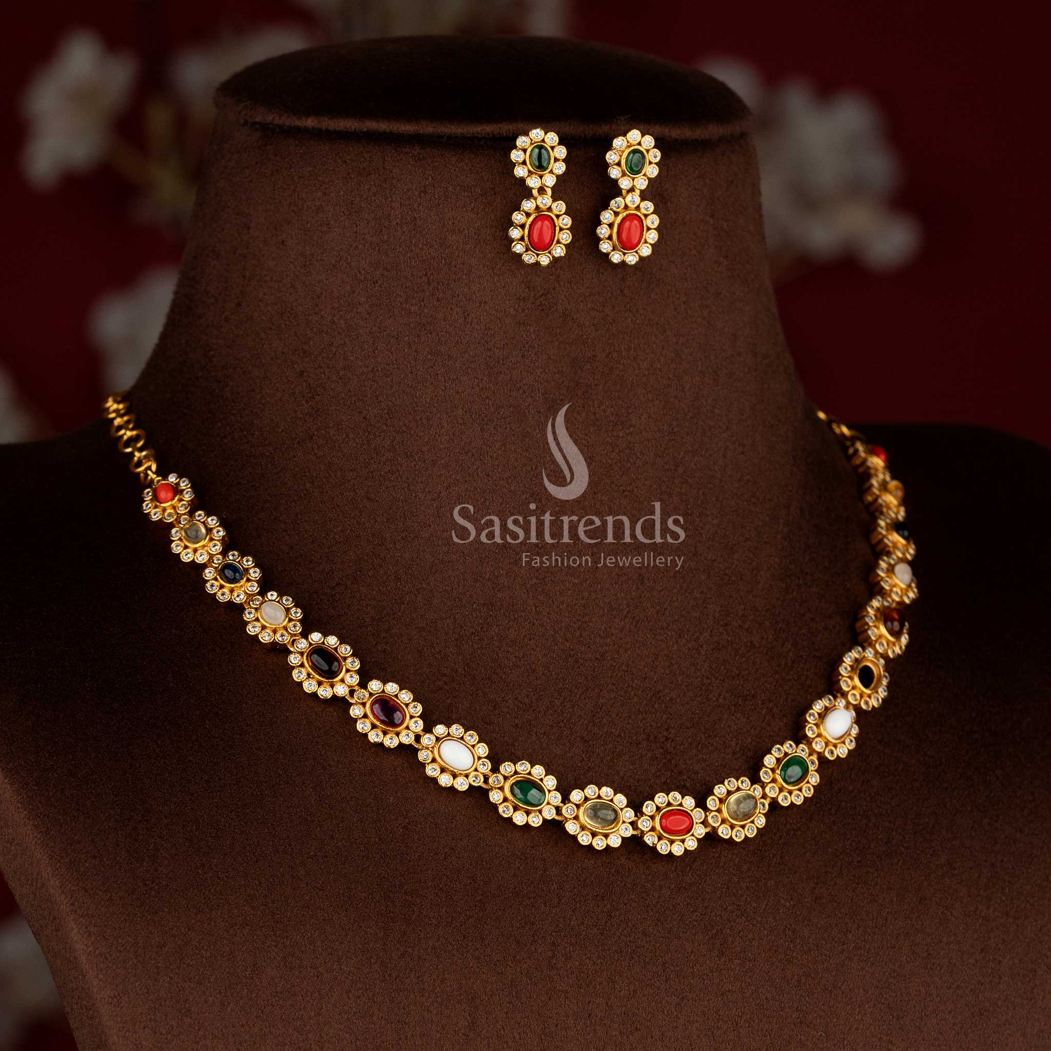 Opulent matte gold plated multi-colored oval floral AD necklace set with earrings for bright celebration-ready styling – Sasitrends