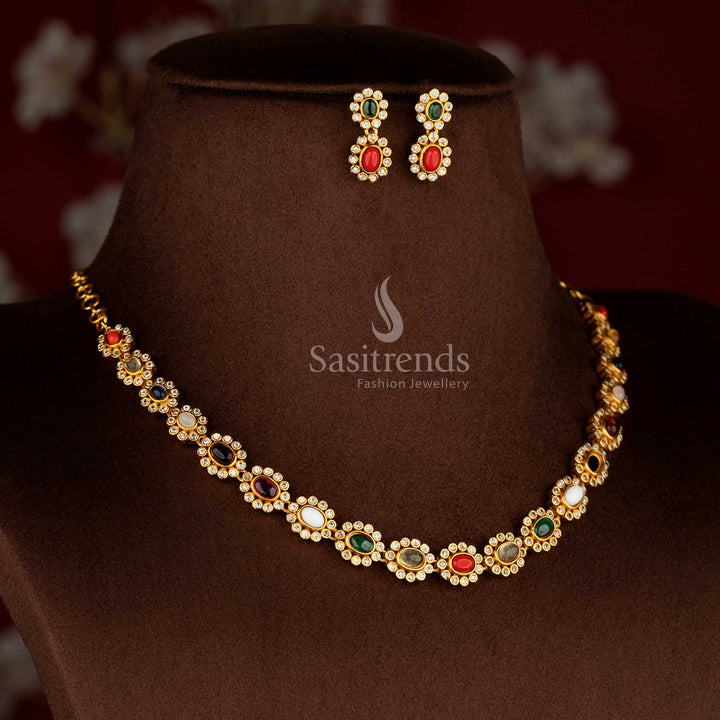 Opulent matte gold plated multi-colored oval floral AD necklace set with earrings for bright celebration-ready styling – Sasitrends