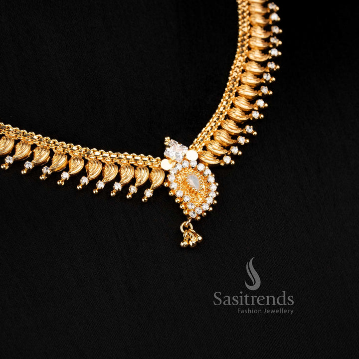 Elegant micro gold plated white leaf fringe necklace with AD stone and hanging drops, suitable for temple events – Sasitrends