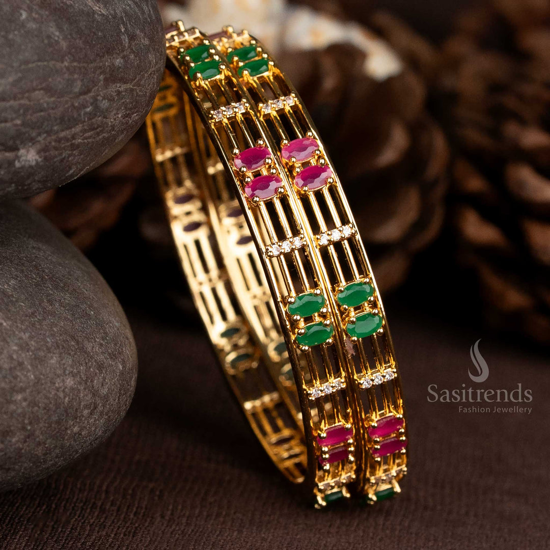 Elegant American Diamond micro gold plated designer bangles with intricate cut-out detailing and a striking oval stone—perfect for festive and party jewellery styling – Sasitrends