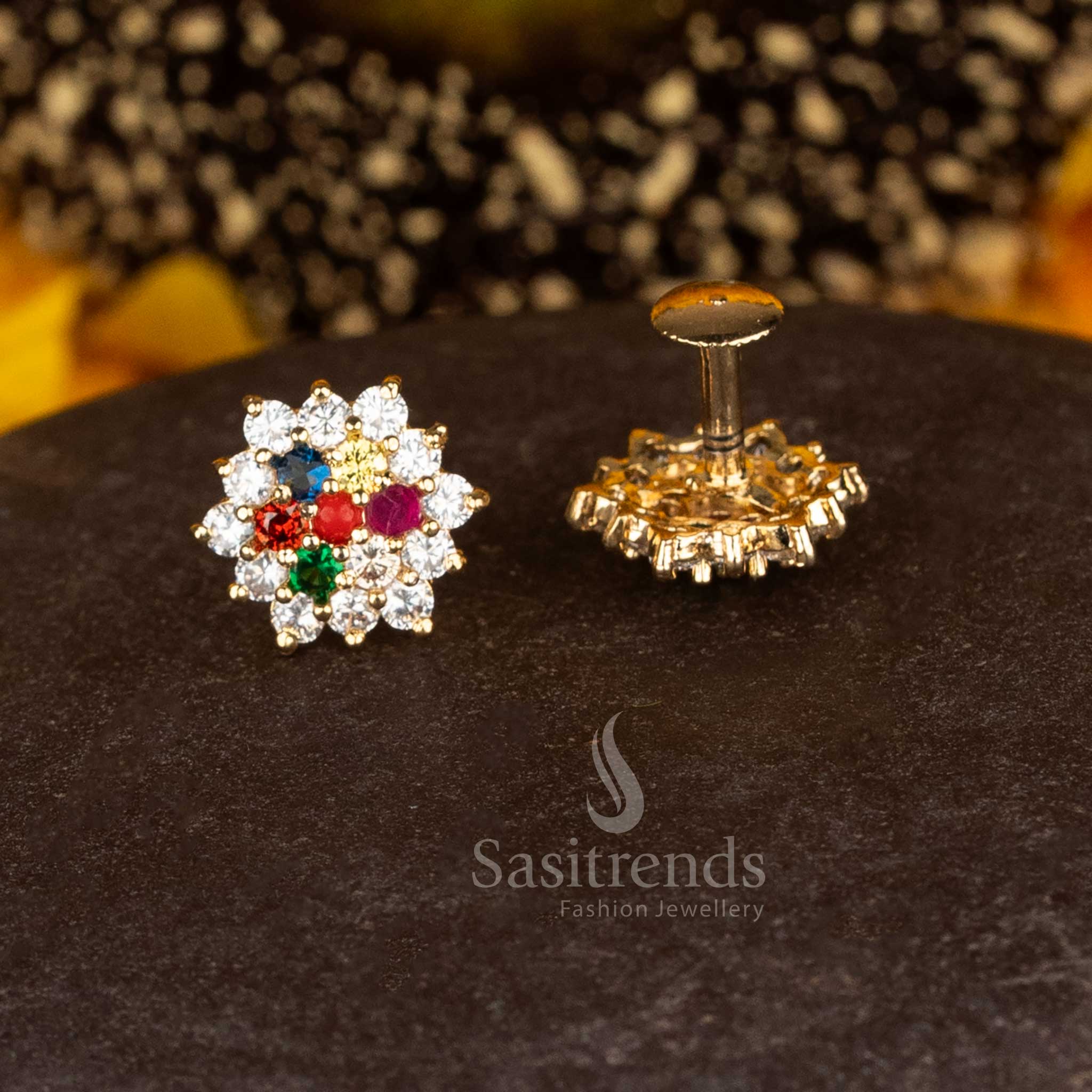 Majestic micro gold plated pavalam navarathnam circular floral stud earrings exuding festive lustre and colour depth - Sasitrends