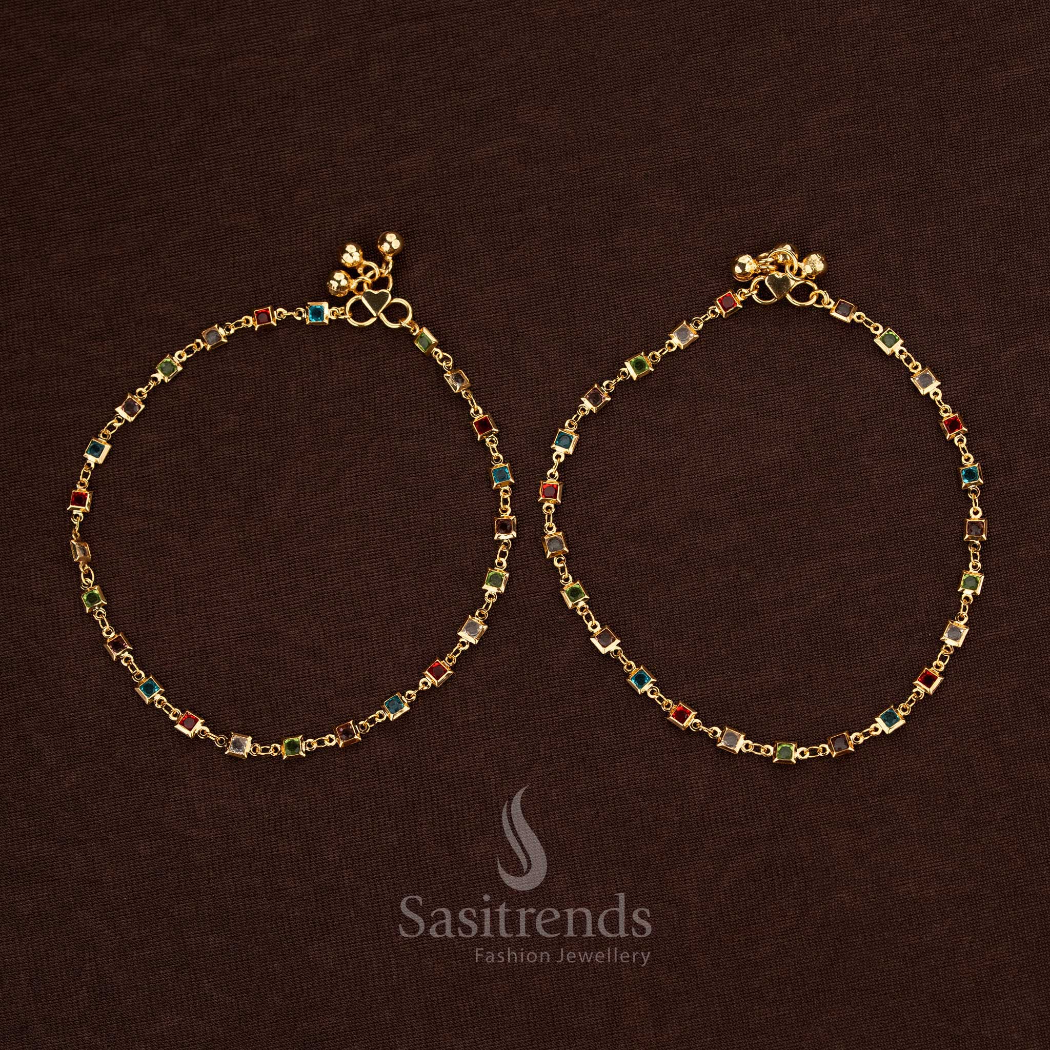 Radiant Micro Gold Plated Navaratna Anklet Pair Featuring A Delicate Arrangement Of Multi-Coloured Stones And A Fine Link Chain That Adds A Touch Of Sophisticated Sparkle To Every Step – Sasitrends