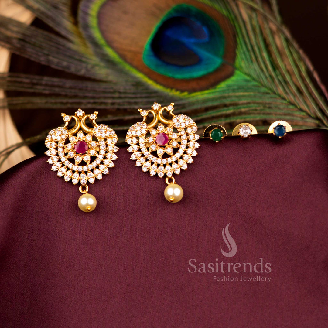 Premium Handcrafted Matte Gold Plated Peacock Ruby Changeable Stone Earrings With American Diamond Look Perfect For Party And Cultural Wear - Sasitrends