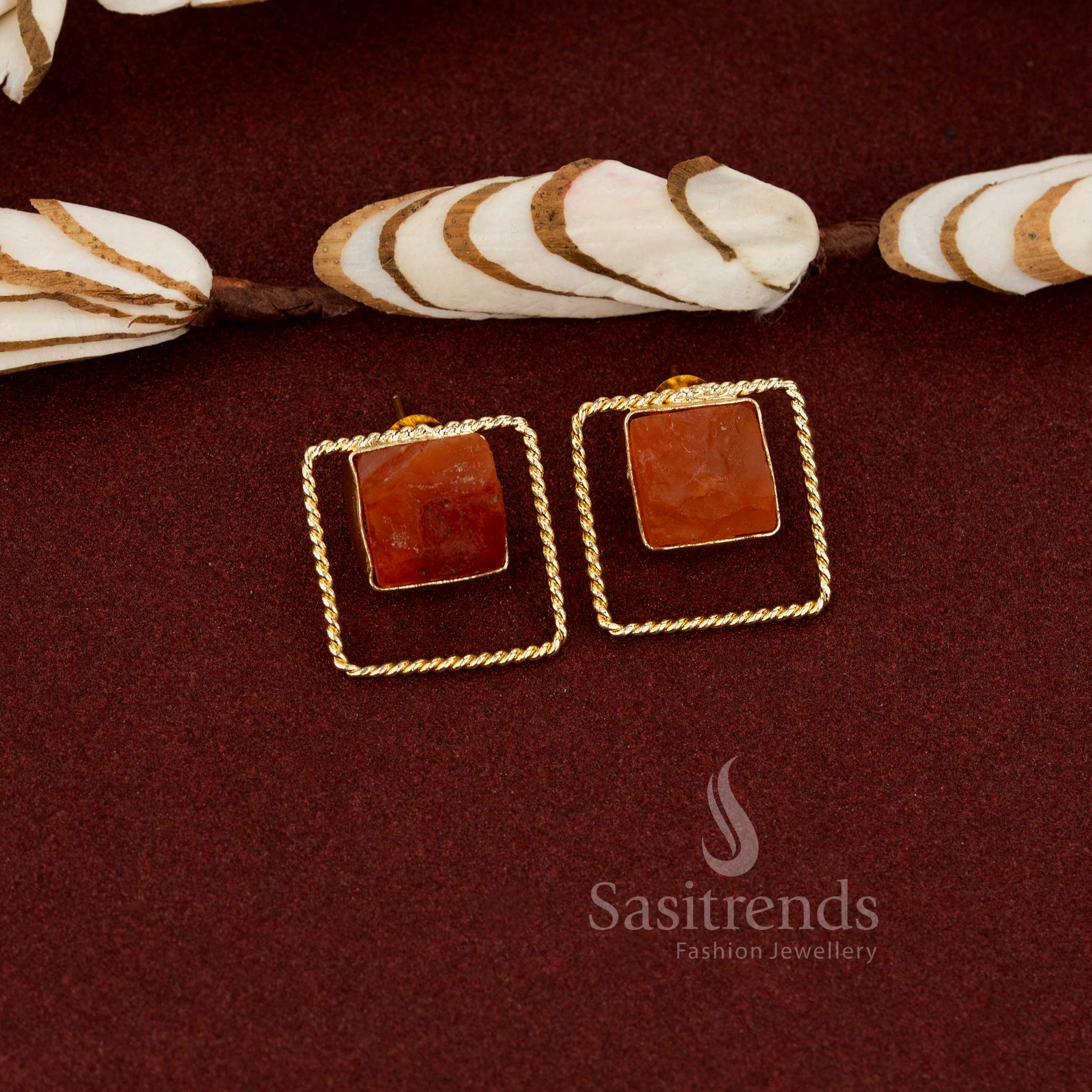 Warm orange trendy gold plated rope twisted square stud earrings for office college and daily wear fashion - Sasitrends