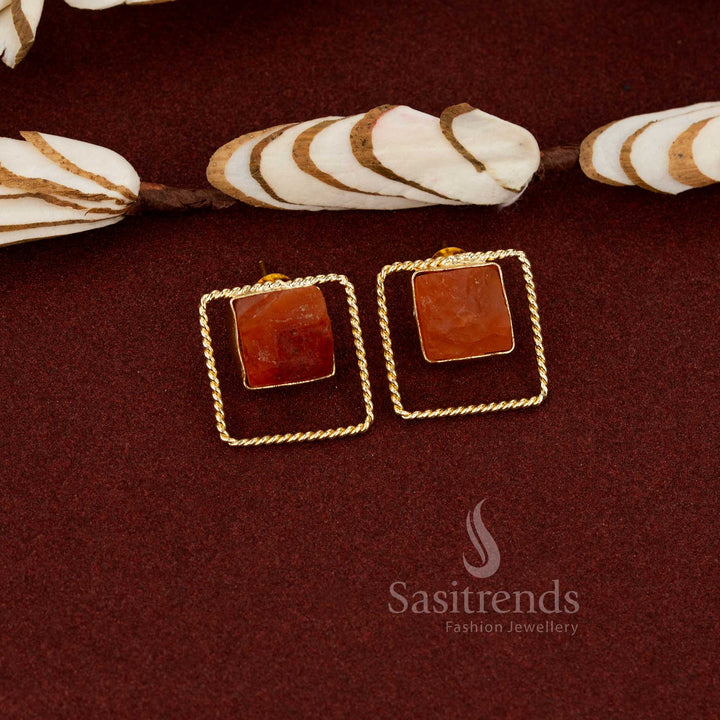 Warm orange trendy gold plated rope twisted square stud earrings for office college and daily wear fashion - Sasitrends