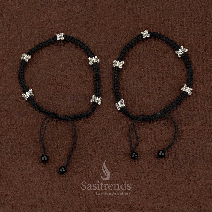 Graceful oxidised black thread anklet with butterfly charm, stranded design perfect for casual street style and cultural day wear – Sasitrends
