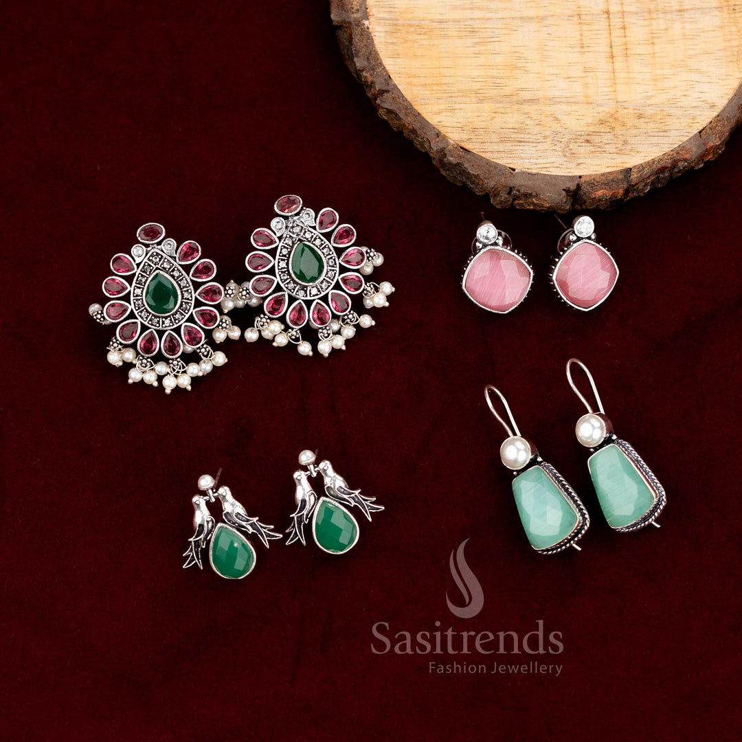 Premium Oxidised Earrings Combo Set Featuring Chandbali, Stud, Hook And Bird Designs, Crafted In Antique Silver Finish For Women’s Party, Festive And Daily Wear – Sasitrends