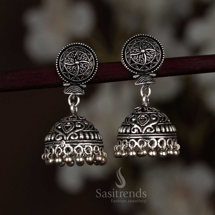 Oxidised Gold and Silver Plated Heart Motif Jhumka Earrings With Delicate Curves And Glossy Metal Touches - Sasitrends