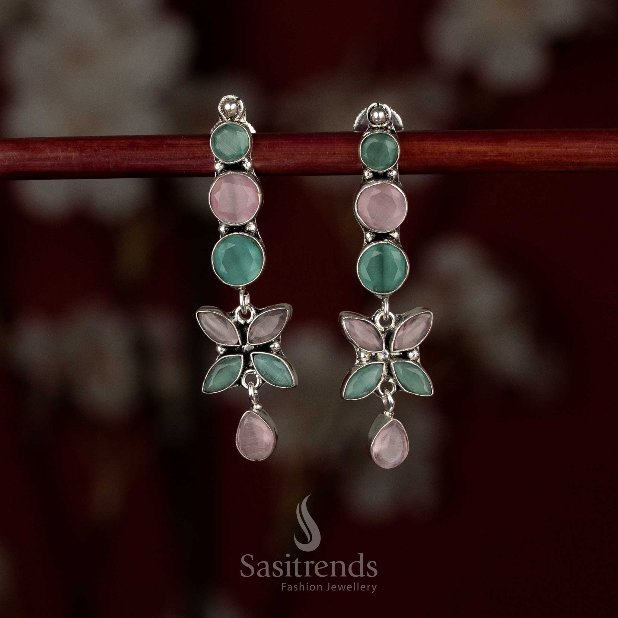 Elegant oxidised silver pink-mint linear floral drop earrings for fresh daily outfits and modern office styling – Sasitrends
