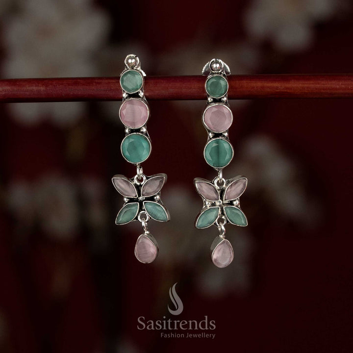 Elegant oxidised silver pink-mint linear floral drop earrings for fresh daily outfits and modern office styling – Sasitrends