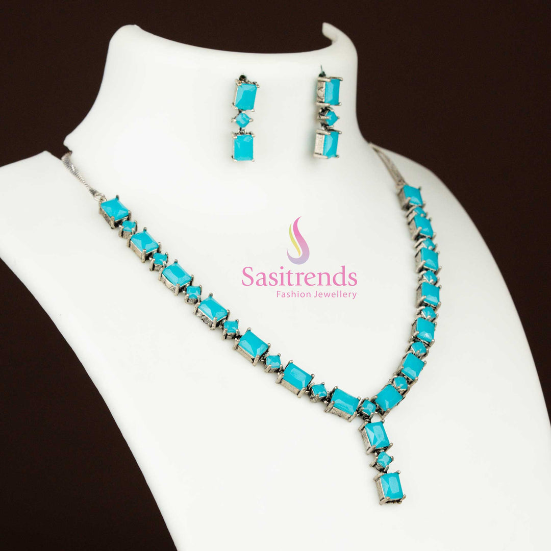 Trendy Oxidised Silver Sky-Blue Rectangular Stone Jewellery Set for ethnic party looks and Navaratri fashion ensembles – Sasitrends