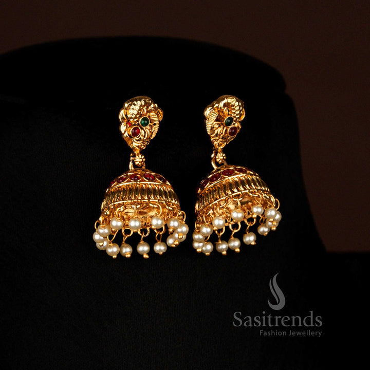 Ethnic Peacock Matte Gold Plated Floral Earrings With Jhumkas Perfect Ruby Green Bridal Jewellery – Sasitrends