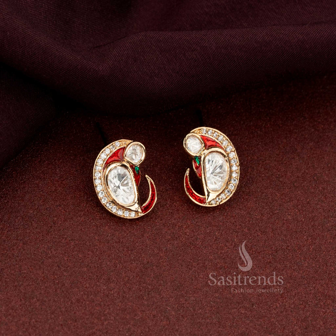 Red Paisley Mango Design Kundan Stone Stud Earrings With Enamel And Curved Swirl Finish For Festivals - Sasitrends