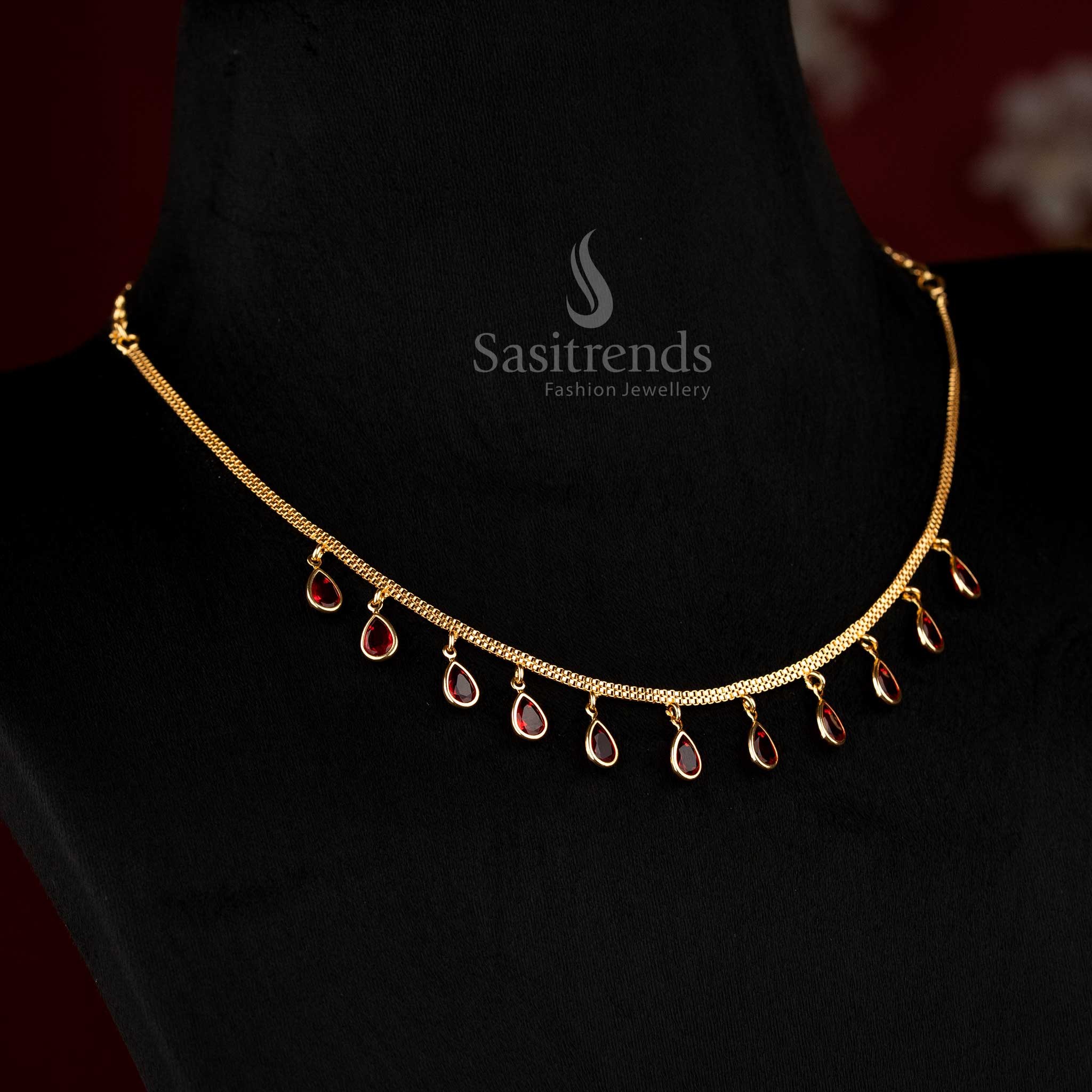 Trendy red pear AD micro gold necklace for girls, perfect jewellery for parties - Sasitrends