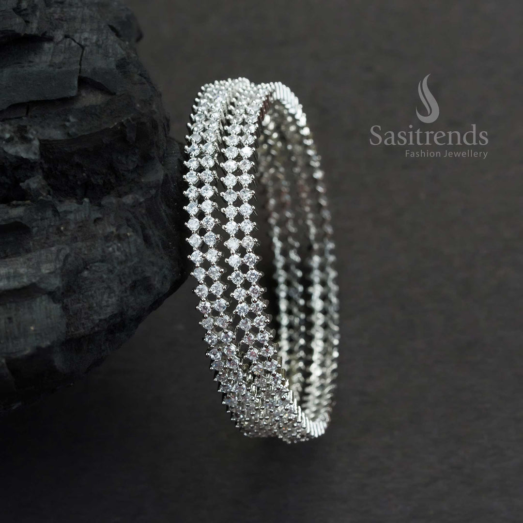 Rhodium Silver Plated Bangles With White American Diamond Stones Perfect For Party Wear Glossy Elegant Jewellery - Sasitrends