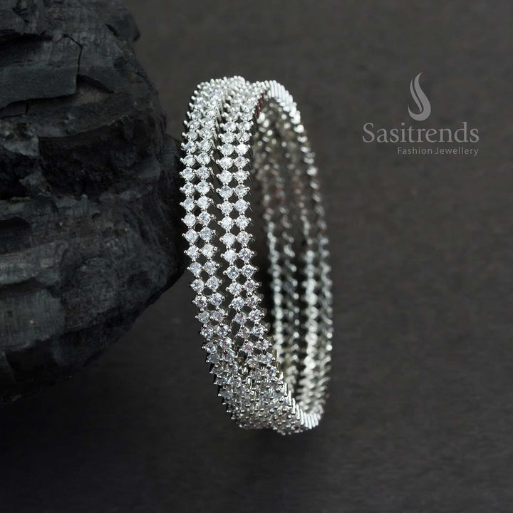 Rhodium Silver Plated Bangles with White American Diamond Stones - Perfect for Party Wear Collections