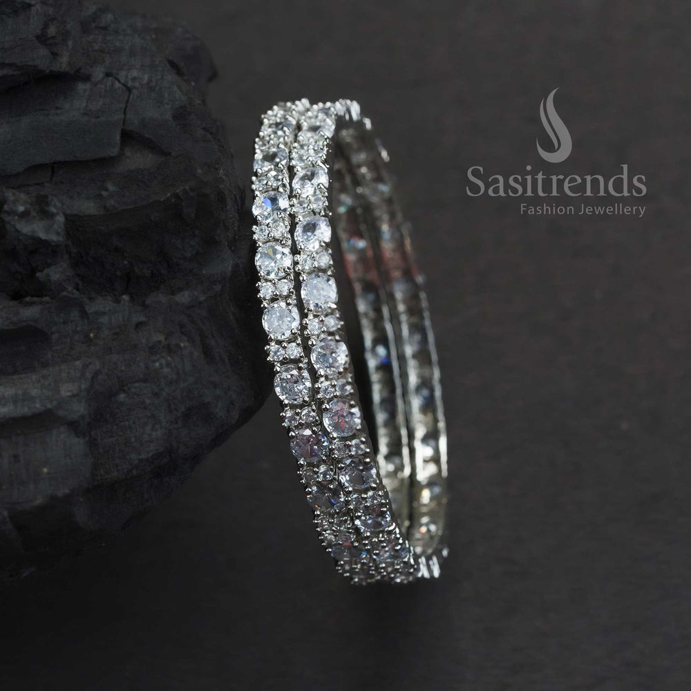 Gorgeous Party Wear Rhodium Silver Plated Bangles With White American Diamond Stones And Sophisticated Finish Jewellery - Sasitrends