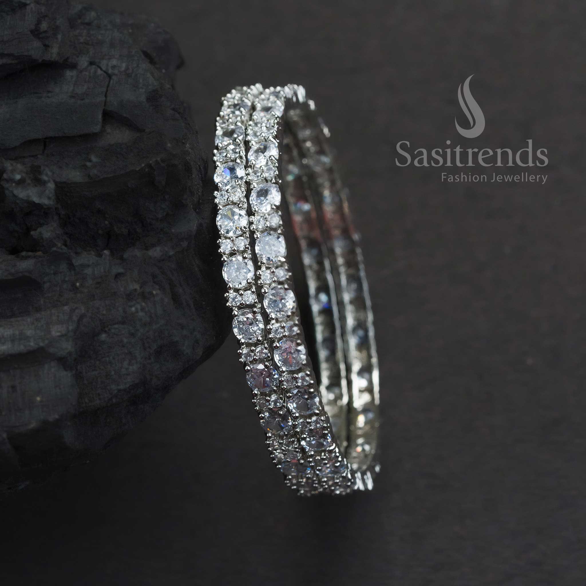 Gorgeous Party Wear Rhodium Silver Plated Bangles With White American Diamond Stones And Sophisticated Finish Jewellery - Sasitrends