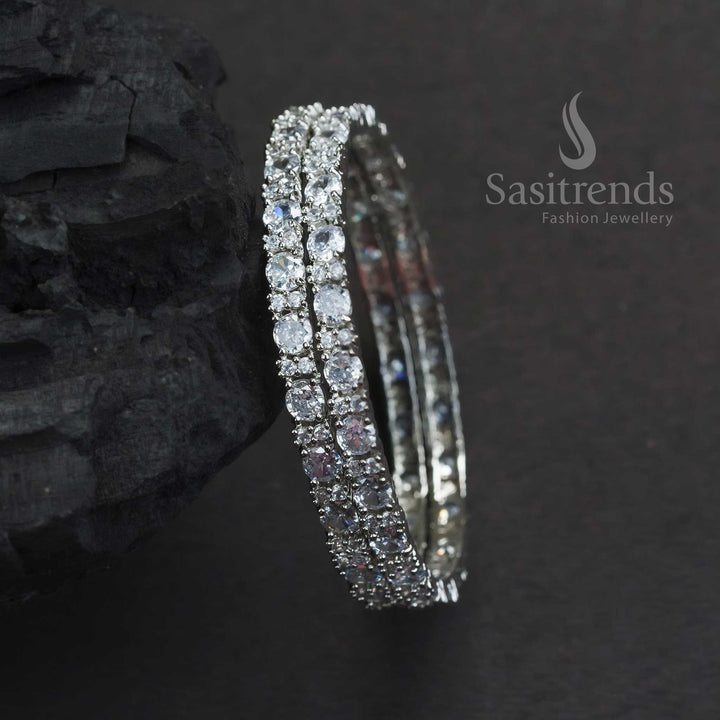Gorgeous Party Wear Rhodium Silver Plated Bangles With White American Diamond Stones And Sophisticated Finish Jewellery - Sasitrends