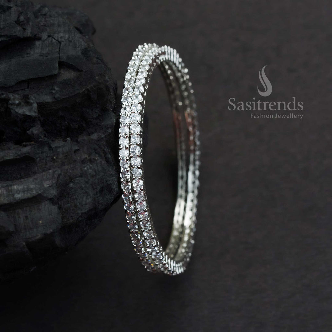Gorgeous Rhodium Silver Bangles With White American Diamond Stones And Smooth Glossy Finish Party Wear Jewellery - Sasitrends