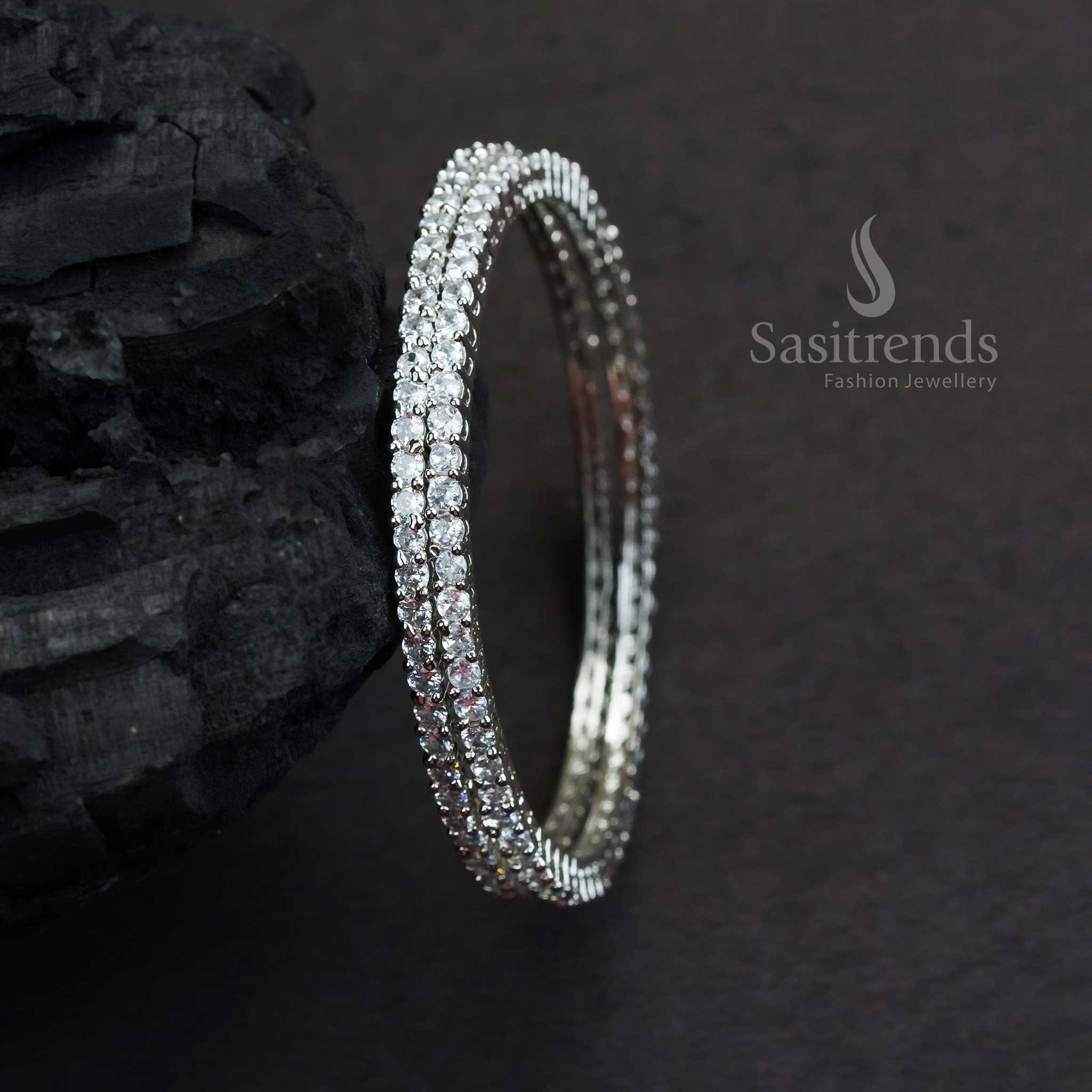 Gorgeous Rhodium Silver Bangles With White American Diamond Stones And Smooth Glossy Finish Party Wear Jewellery - Sasitrends