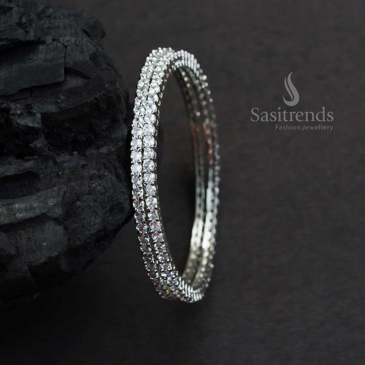 Trendy Party Wear Rhodium Silver Plated Bangles with White American Diamond Stones | Sasitrends