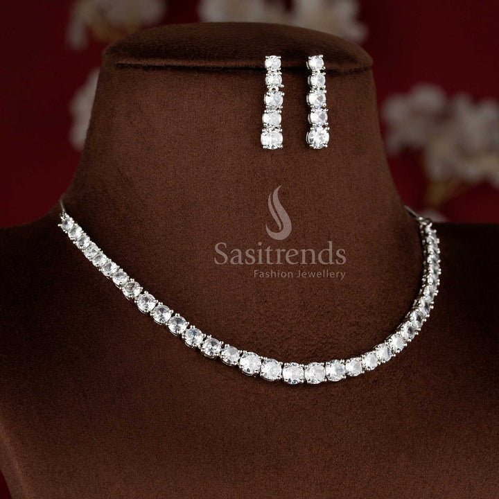 Opulent rhodium silver plated white AD round stone statement necklace set with classic earrings for stylish party and event wear – Sasitrends