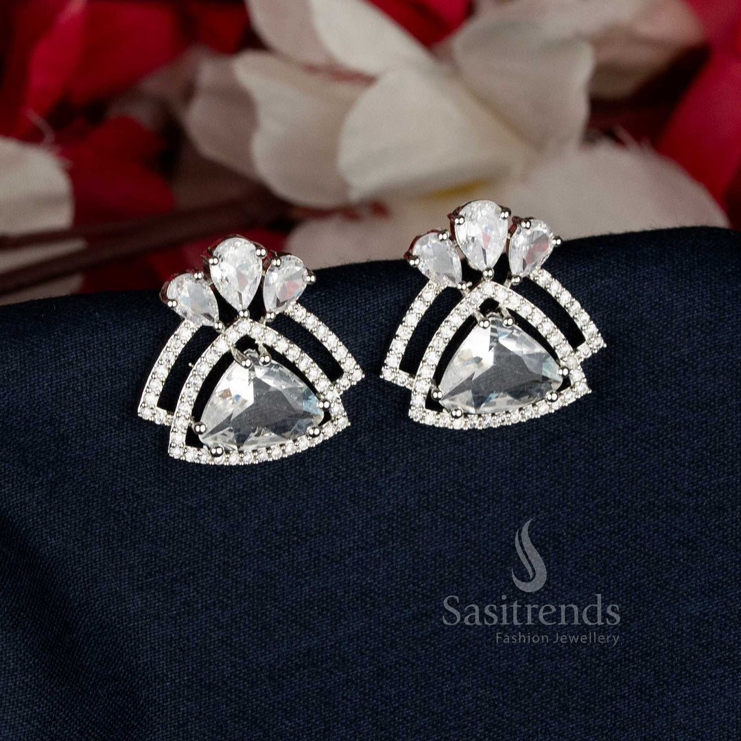 Chic White Rhodium Silver Triangle AD Earrings designed with a contemporary edge, ideal for evening celebrations and glamorous outfits — Sasitrends