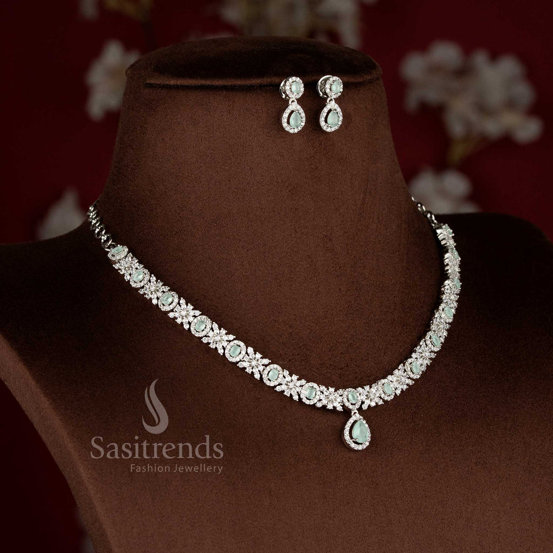 Opulent rich look rhodium silver plated mint American Diamond necklace set with designer earrings for stylish celebration and party wear – Sasitrends