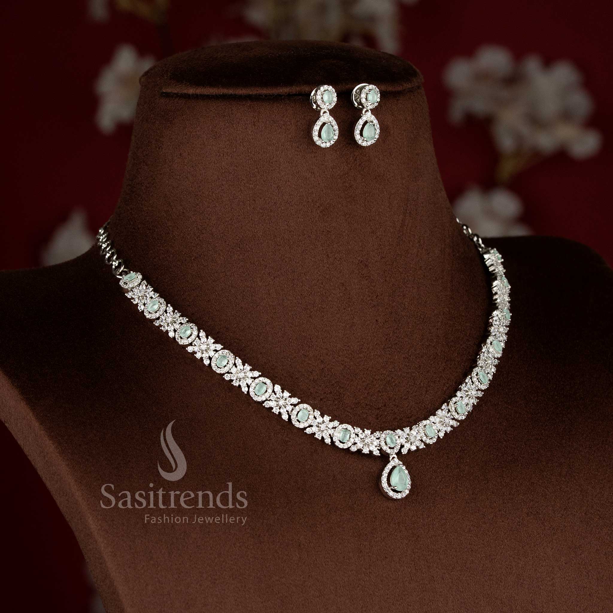 Opulent rich look rhodium silver plated mint American Diamond necklace set with designer earrings for stylish celebration and party wear – Sasitrends
