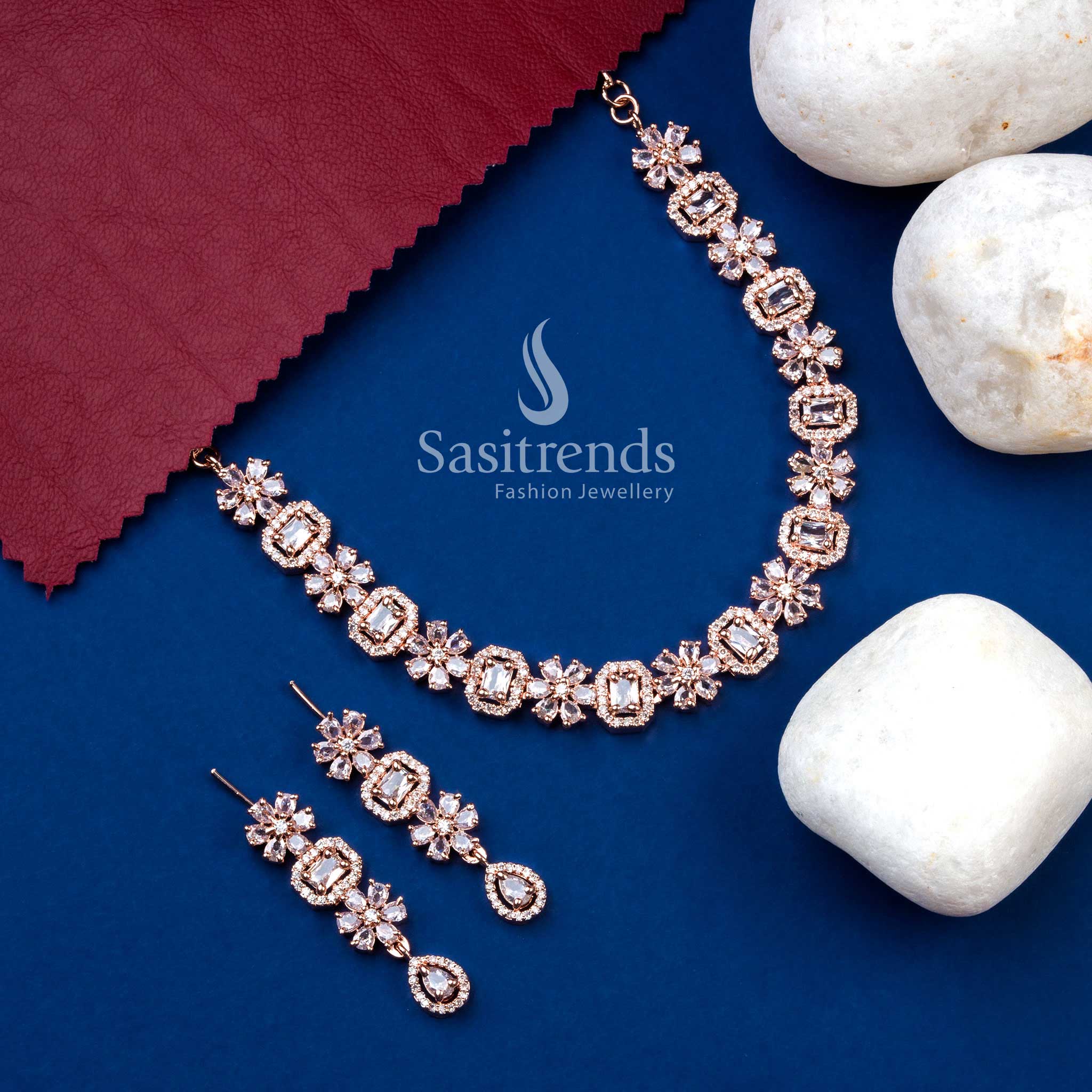 Elegant rose gold plated white AD bloom necklace set with modern earrings for party-ready outfits – Sasitrends