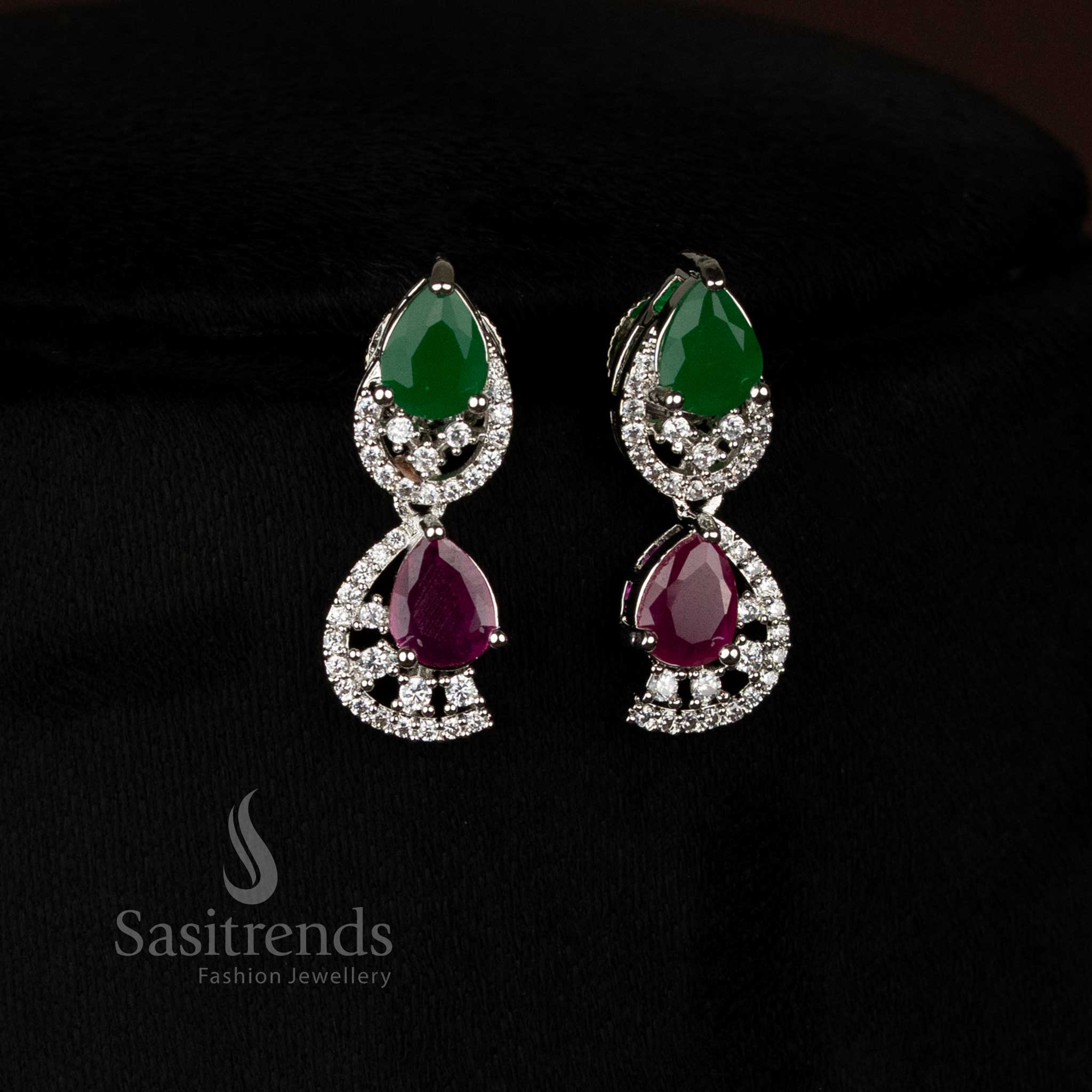 Glam ruby green rhodium silver teardrop AD earrings jewellery set for stylish occasions - Sasitrends