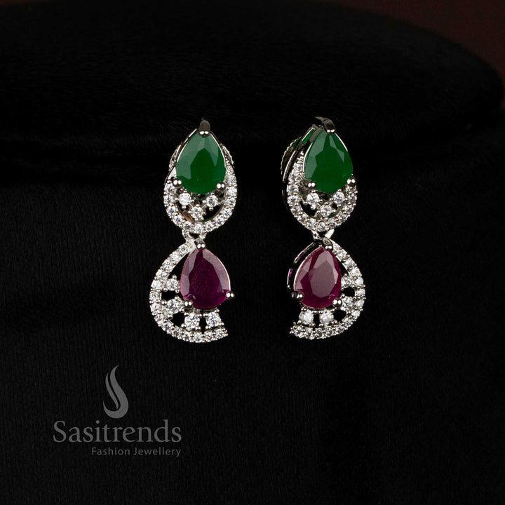 Glam ruby green rhodium silver teardrop AD earrings jewellery set for stylish occasions - Sasitrends