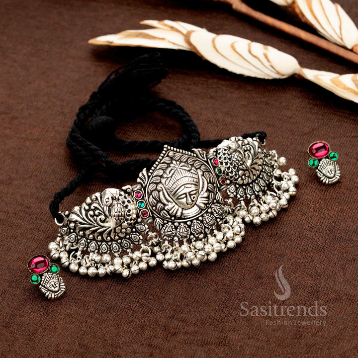 Oxidised Kolapuri choker with tribal face motif and bead detailing - Sasitrends