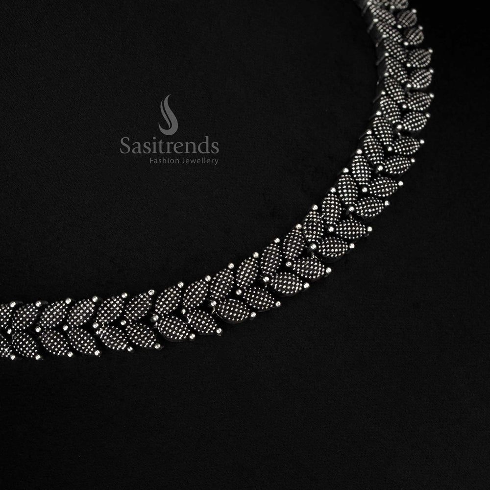 Fashion-forward black oxidised silver necklace set flaunting a double leaf design and pearl drop jhumkas, perfect party style jewellery for young girls – Sasitrends
