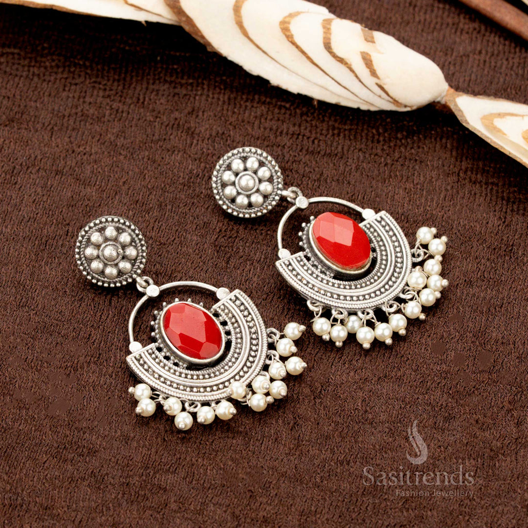 Ethnic semicircle oxidised earrings featuring intricate motifs and beads – Sasitrends