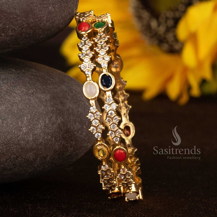 Gorgeous Micro Gold Plated Navaratna Bangles with American Diamond Stone Floral Pattern  For Festive Wear - Sasitrends