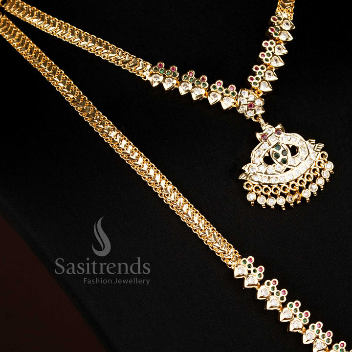 Vibrant one gram micro gold plated Impon long short combo necklace jewellery set with multi stones for festive brilliance - Sasitrends
