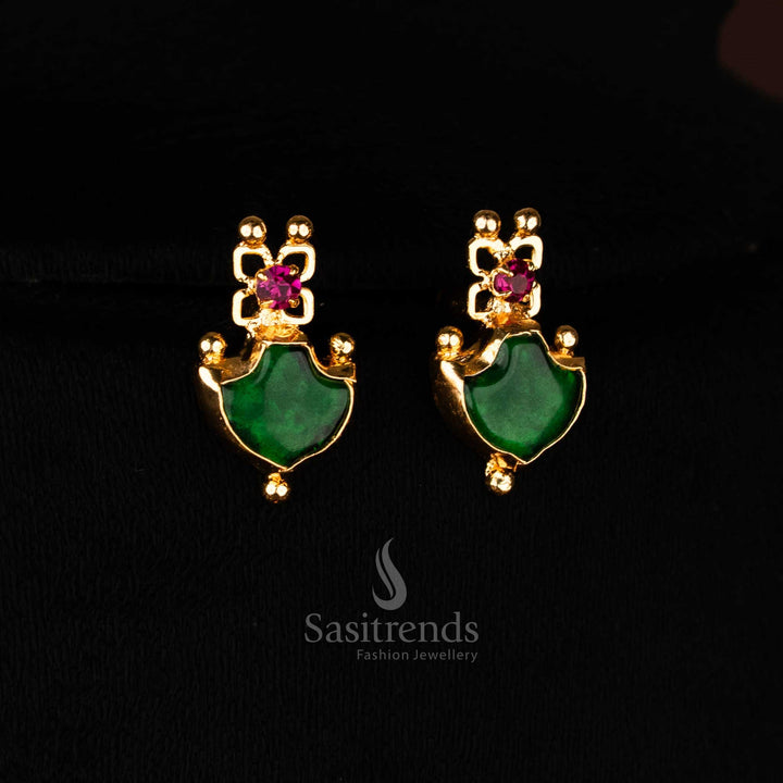 Premium micro gold one gram Palakka earrings with bright green stones for festive choker necklace jewellery set - Sasitrends