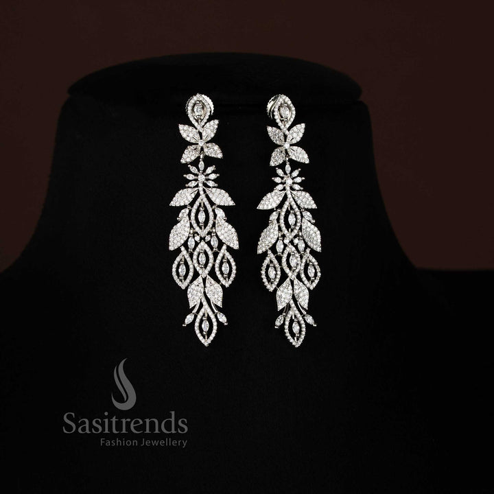 Elegant Rhodium Silver Plated American Diamond Leaf Pattern Long Earrings for Party and Evening Wear