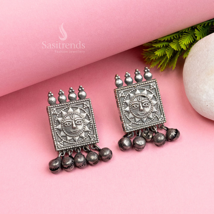 Trendy Oxidised Silver Tone Sun Face Tribal Earrings with Ghungroo | Sasitrends
