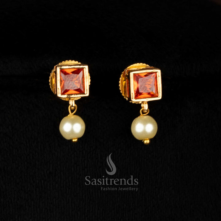 Classic American Diamond orange square stone pearl drop stud earrings, designed to perfectly complement festive necklaces and party outfits – Sasitrends