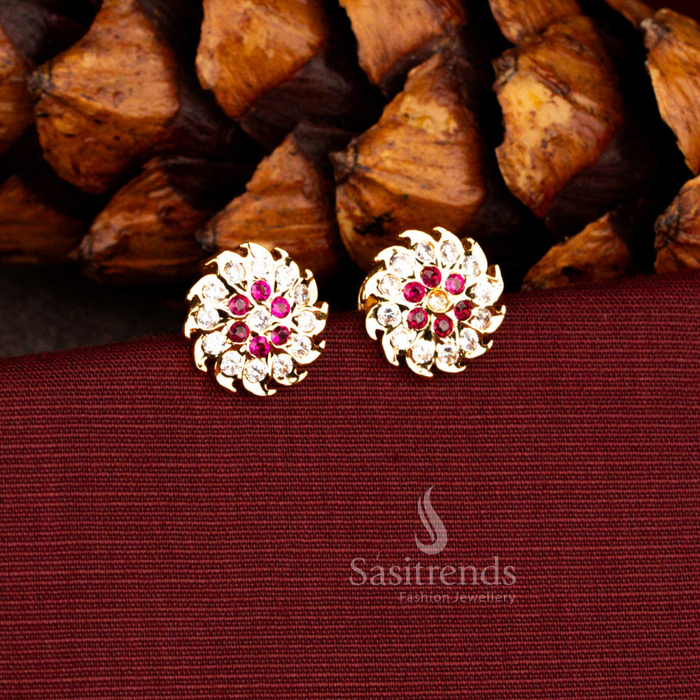 Temple inspired whirlwind flower screw stud earrings in white ruby shade with Impon micro gold plated radiant finish, suitable for wedding functions, festive rituals and traditional dressing – Sasitrends