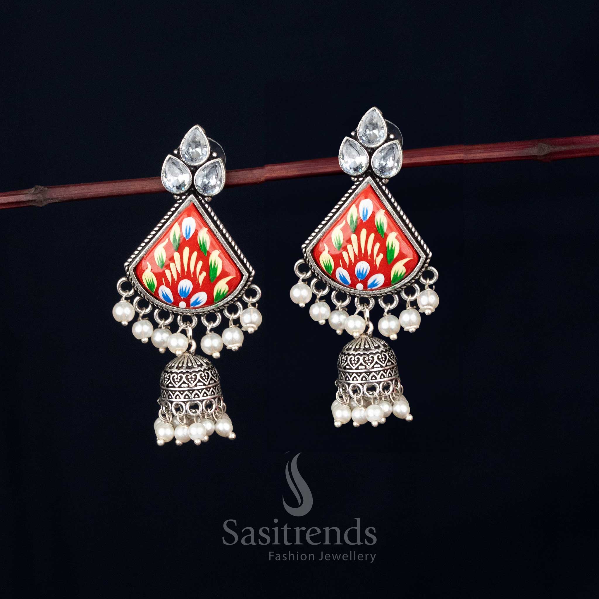 Tangerine burst oxidised orange Monalisa triangular jhumka earrings with pearl drops, crafted for Navaratri celebrations – Sasitrends