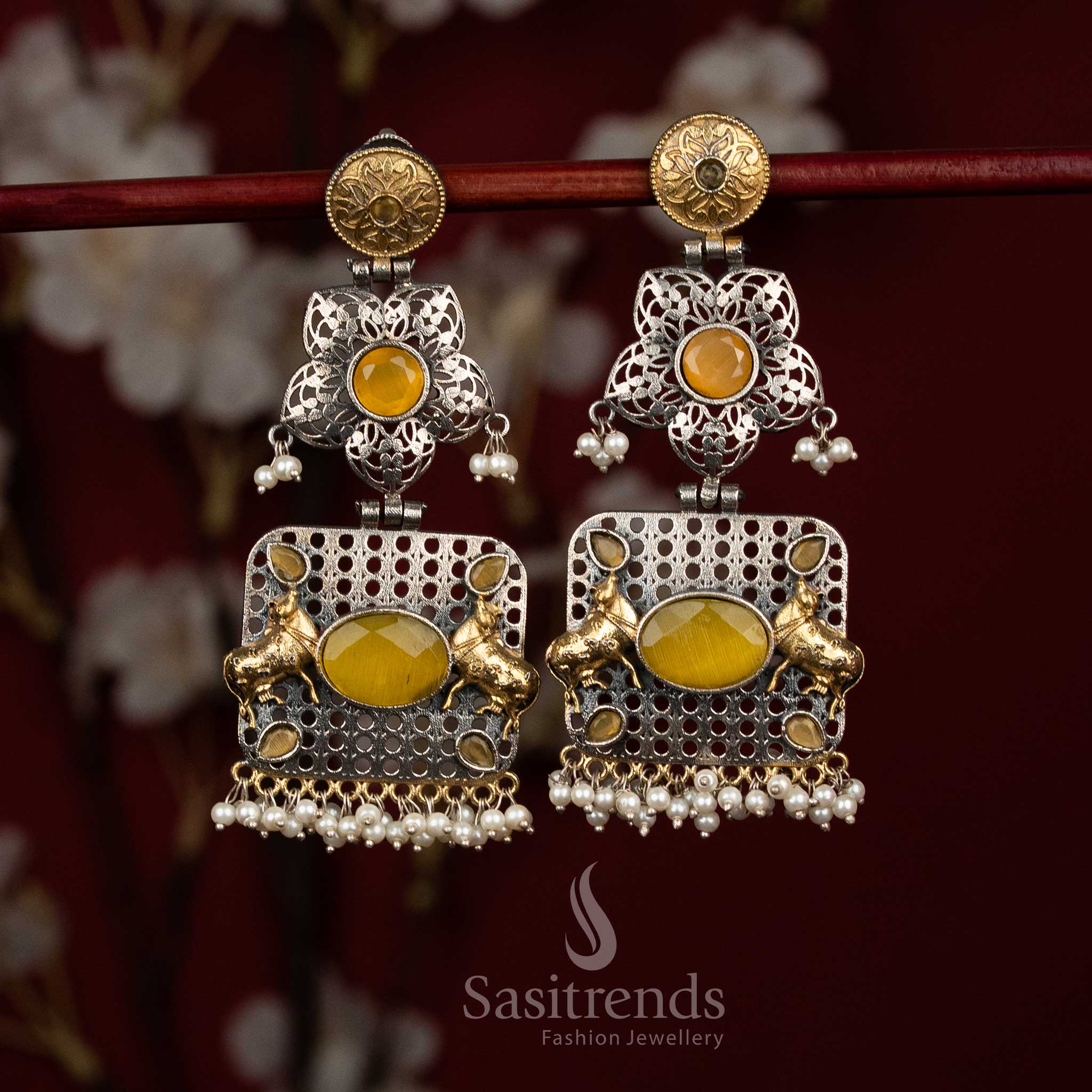Golden heritage oxidised silver yellow floral mandala Nandi bull panel earrings with oval Monalisa stone pearl drops for cultural - jewellery - Sasitrends