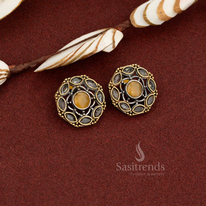 Golden rays yellow antique oxidised round lattice circle stone earrings ideal for trendy daily wear and office styling – Sasitrends